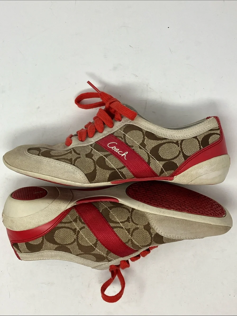 Coach Baylee Signature C Canvas Suede Sneakers Red Tan Sz 7.5 A1474